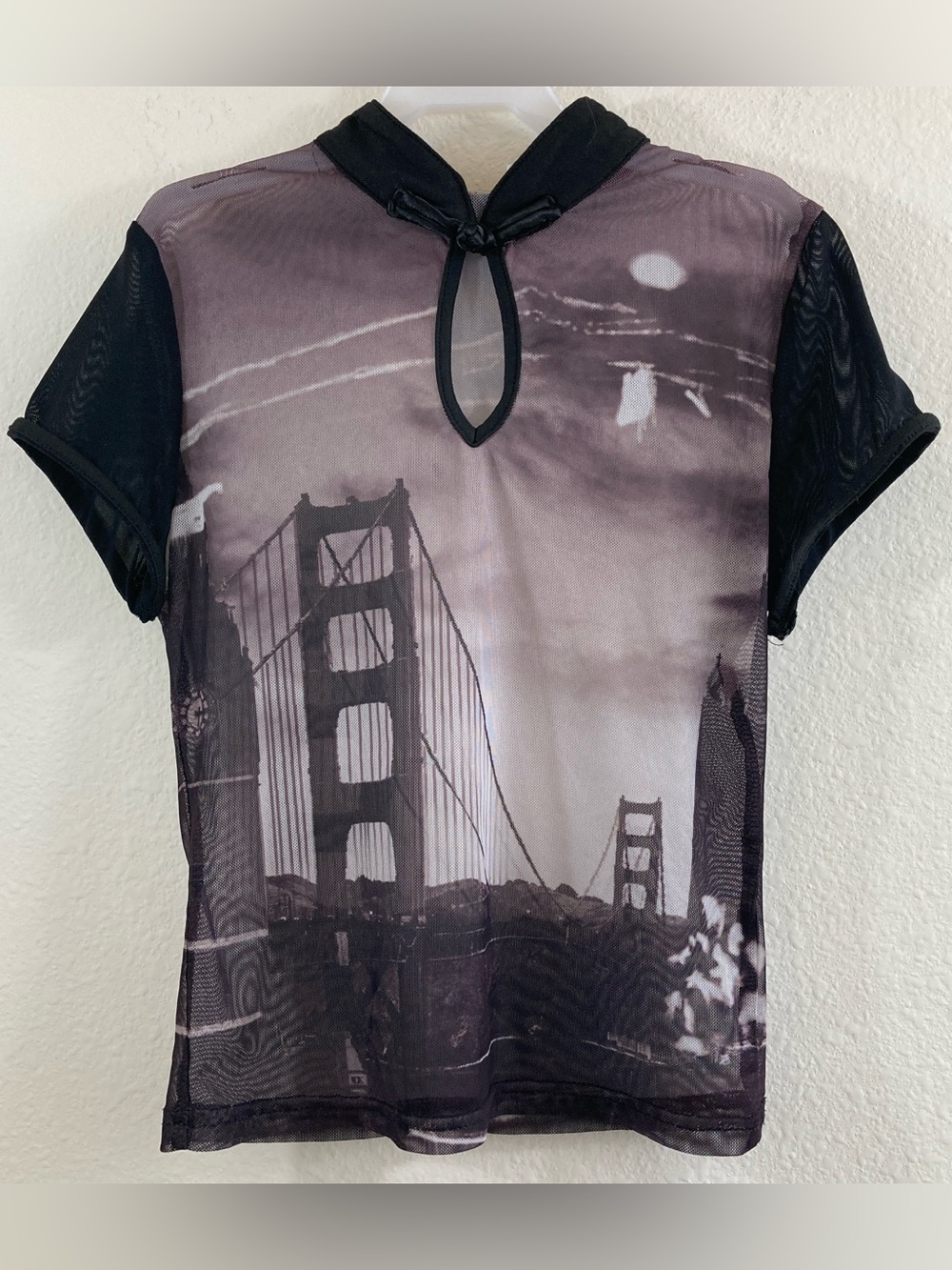 Black Golden Gate Bridge Sheer Top Juniors S Mandarin Collar Mesh